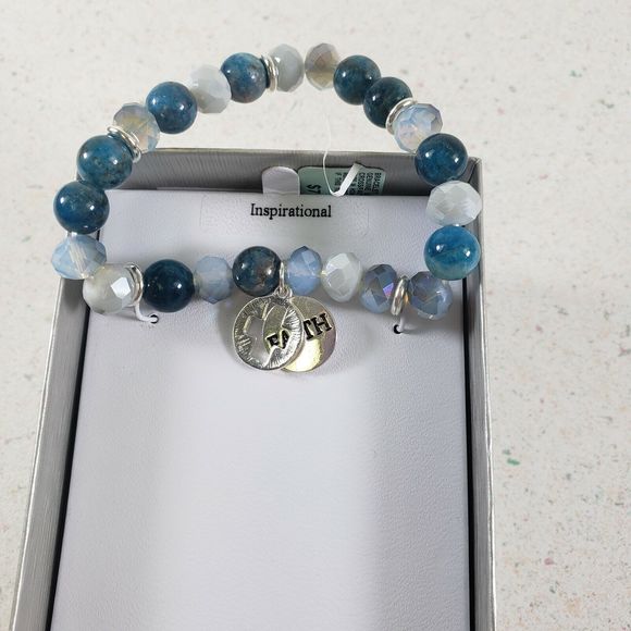 Genuine Stone BLUE STONE FAITH & CROSS HEART Charm Stretch Bracelet New in Box - Picture 5 of 9